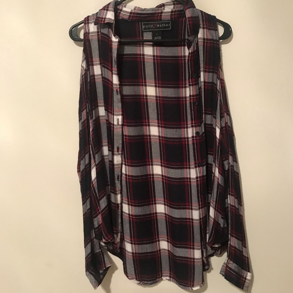 Plaid button down shirt with open cut shoulders.